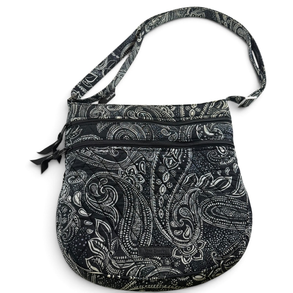 Vera Bradley Triple Zip Hipster Crossbody Bag Black White Paisley Quilted Cotton